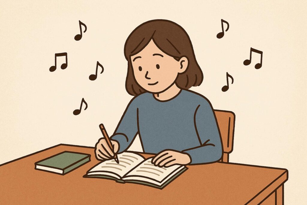 音楽を聴きながら勉強している女の子のイラスト